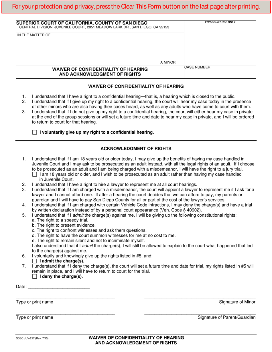 Form JUV-217 - Fill Out, Sign Online and Download Fillable PDF, County ...