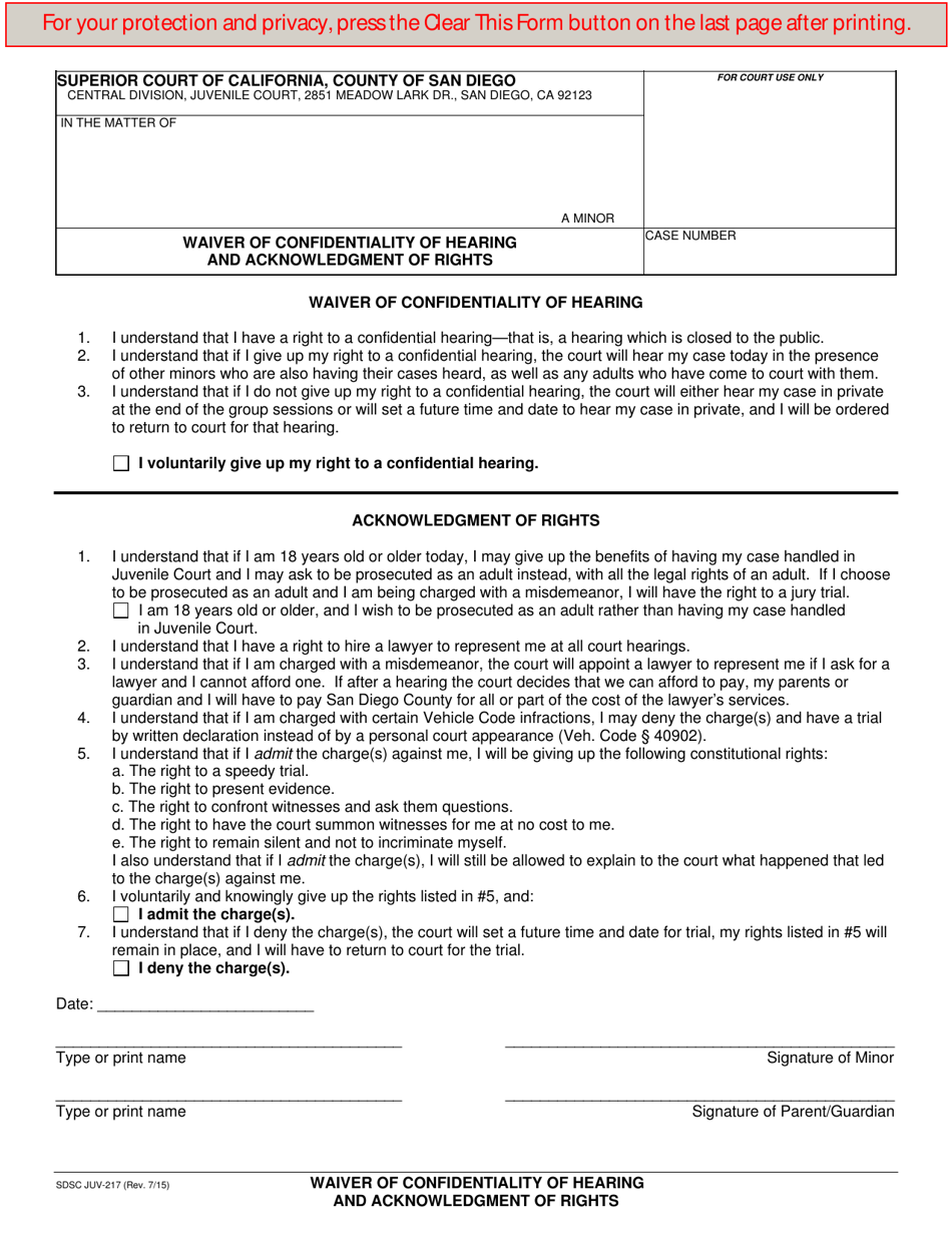 Form JUV-217 Waiver of Confidentiality of Hearing and Acknowledgment of Rights - County of San Diego, California (English / Spanish), Page 1