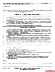 Form JUV-217 Waiver of Confidentiality of Hearing and Acknowledgment of Rights - County of San Diego, California (English/Spanish), Page 2