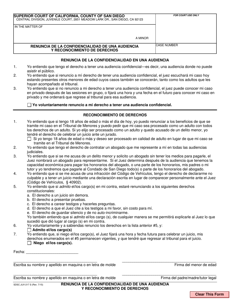 Form JUV-217 Waiver of Confidentiality of Hearing and Acknowledgment of Rights - County of San Diego, California (English / Spanish), Page 2