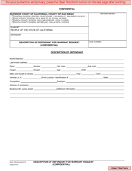 Form CRM-309 &quot;Description Defendant for Warrant Request (Confidential)&quot; - County of San Diego, California