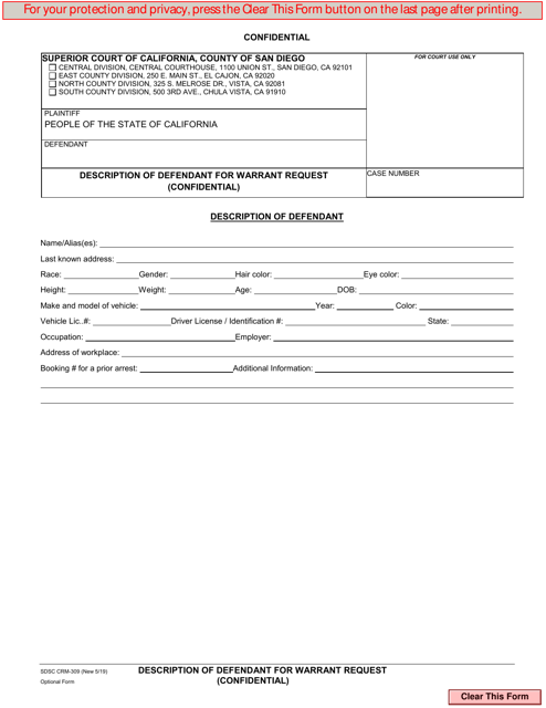 Form CRM-309 Description Defendant for Warrant Request (Confidential) - County of San Diego, California
