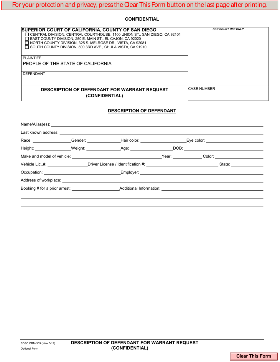 Form CRM-309 Description Defendant for Warrant Request (Confidential) - County of San Diego, California, Page 1
