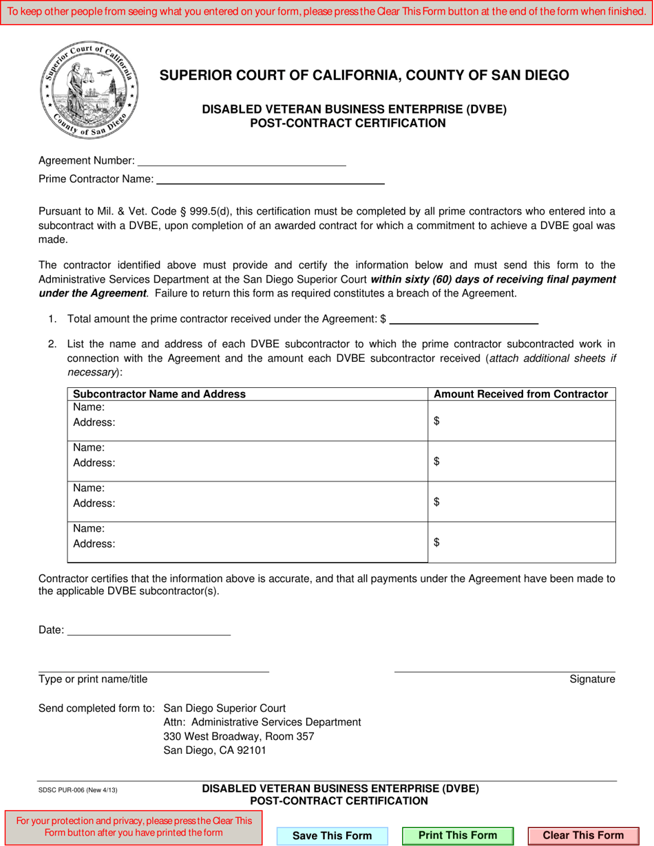 Form PUR-006 Disabled Veteran Business Enterprise (Dvbe) Post-contract Certification - County of San Diego, California, Page 1