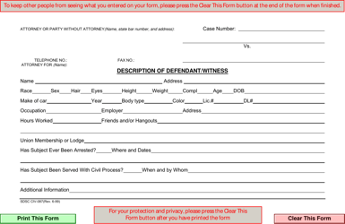 Document preview: Form CIV-087 Description of Defendant/Witness - County of San Diego, California