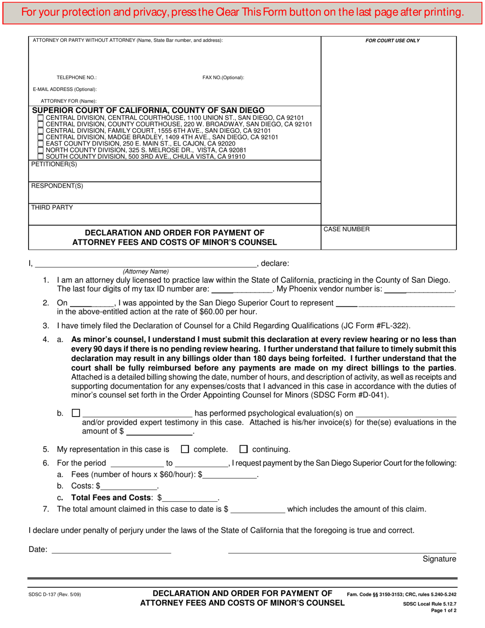 Form D-137 Declaration and Order for Payment of Attorney Fees and Costs of Minors Counsel - County of San Diego, California, Page 1