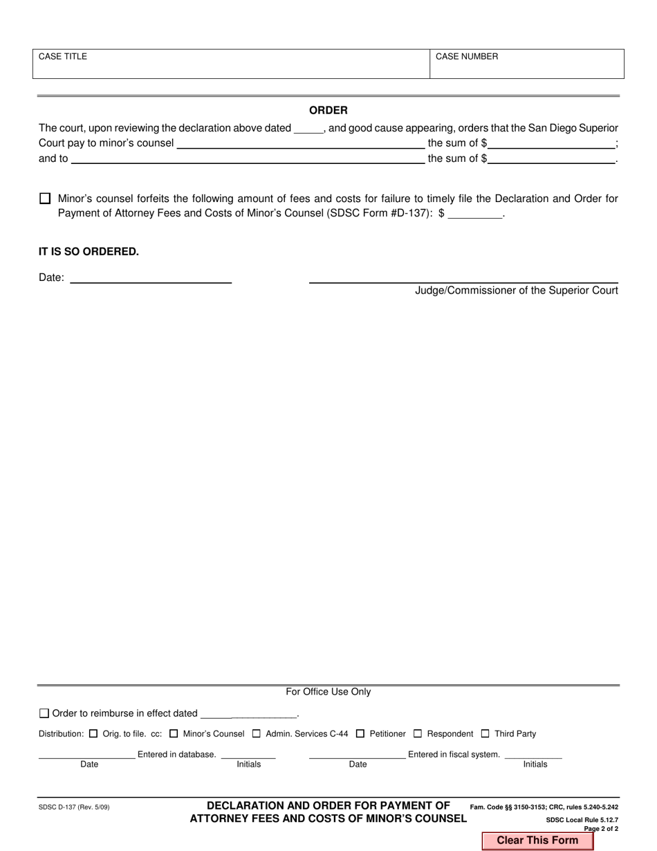 Form D-137 Declaration and Order for Payment of Attorney Fees and Costs of Minors Counsel - County of San Diego, California, Page 2