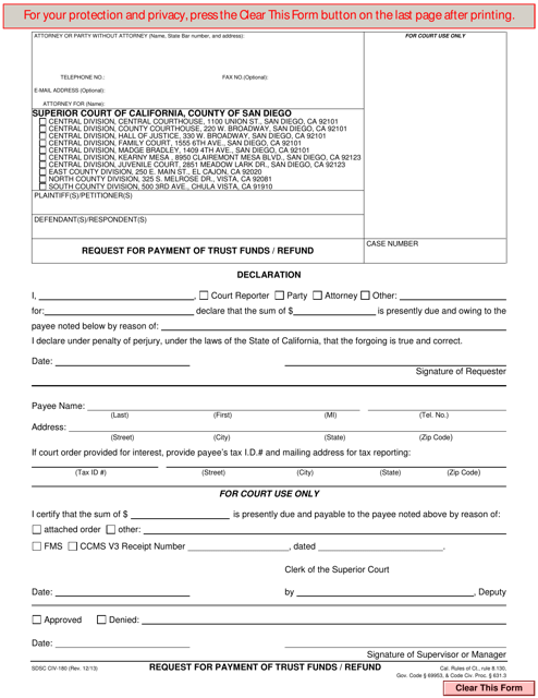 Form CIV-180 Request for Payment of Trust Funds/Refund - County of San Diego, California
