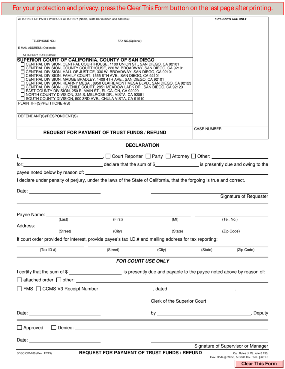 Form CIV-180 Request for Payment of Trust Funds / Refund - County of San Diego, California, Page 1