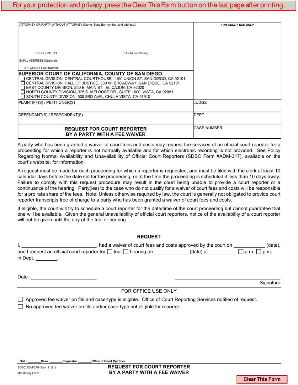 Form ADM-379 Request for Court Reporter by a Party With a Fee Waiver - County of San Diego, California, Page 1