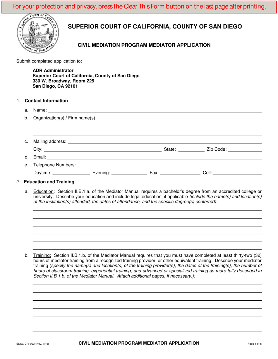 Form CIV-023 Civil Mediation Program Mediator Application - County of San Diego, California, Page 1