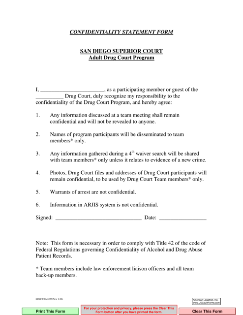 Form CRM-223 Confidentiality Statement Form - County of San Diego, California