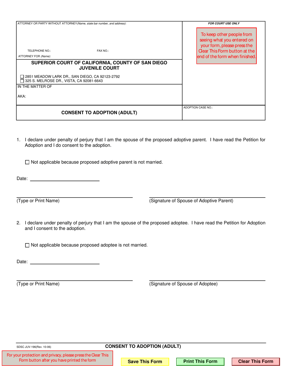 Form JUV-196 Consent to Adoption (Adult) - County of San Diego, California, Page 1