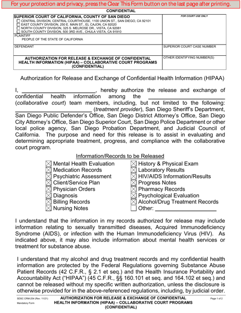Form CRM-254 Authorization for Release and Exchange of Confidential Health Information (HIPAA) - Collaborative Court Programs - County of San Diego, California