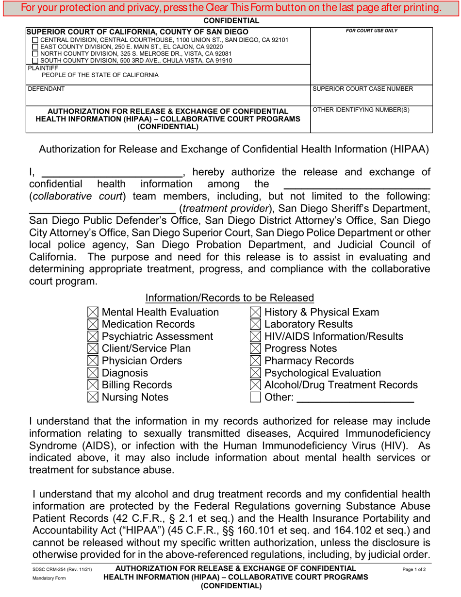Form CRM-254 Authorization for Release and Exchange of Confidential Health Information (HIPAA) - Collaborative Court Programs - County of San Diego, California, Page 1