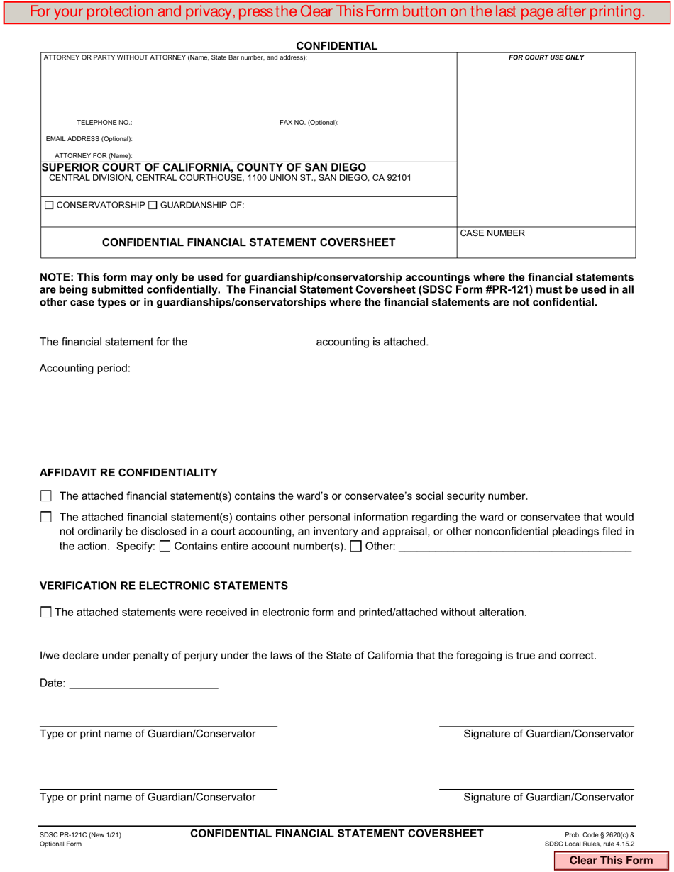 Form PR-121C Confidential Financial Statement Coversheet - County of San Diego, California, Page 1
