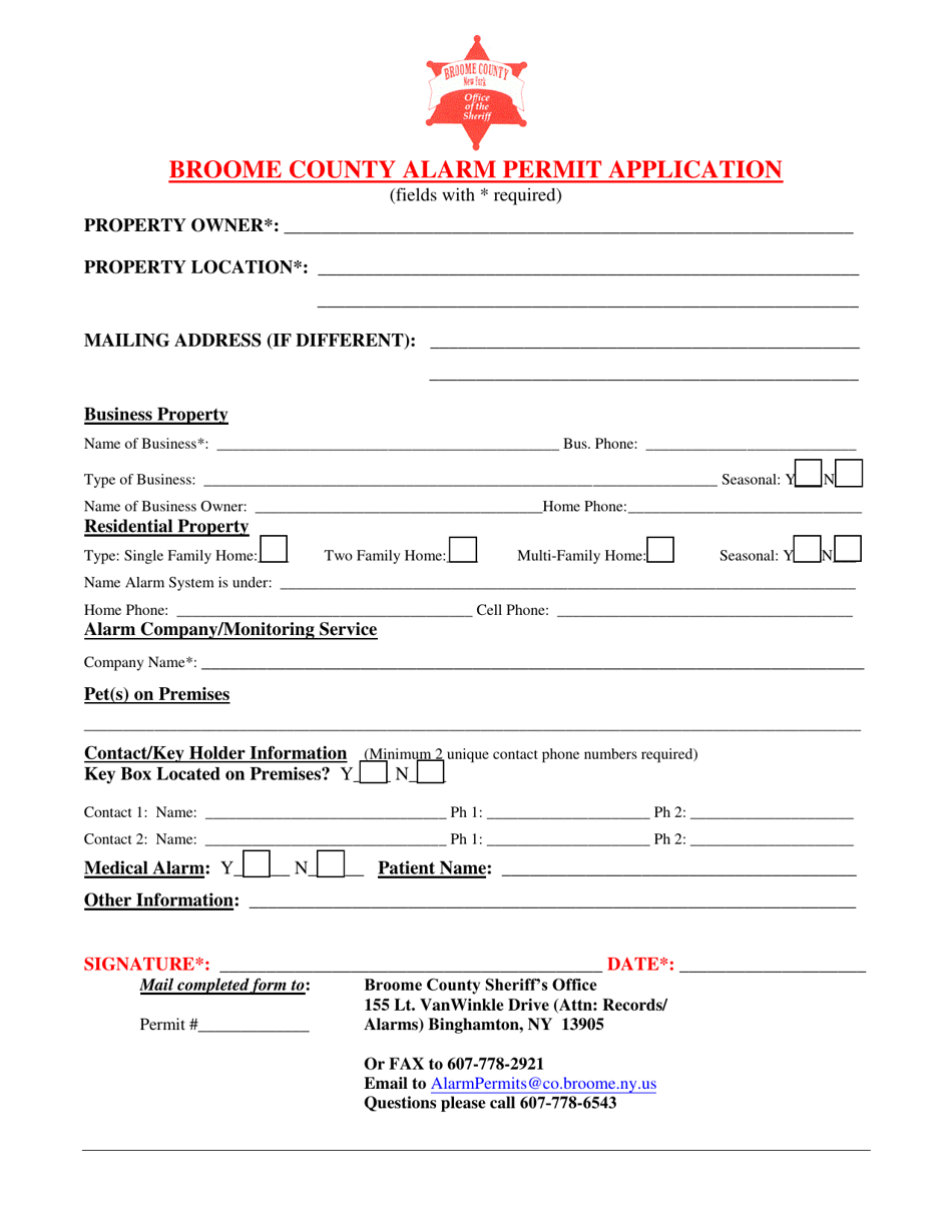 Broome County Alarm Permit Application - Broome County, New York, Page 1