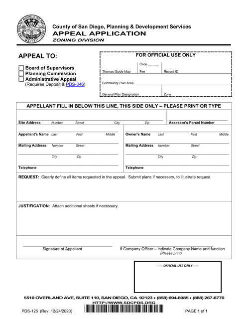 Form PDS-125 Appeal Application - County of San Diego, California