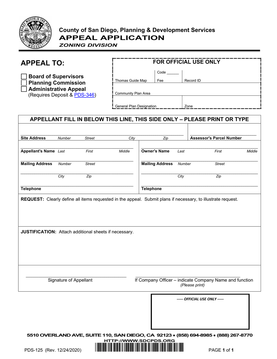 Form PDS-125 Appeal Application - County of San Diego, California, Page 1