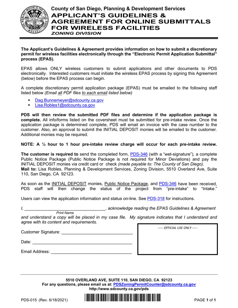 Form PDS-015 Applicants Guidelines and Agreement for Online Submittals for Wireless Facilities - County of San Diego, California, Page 1