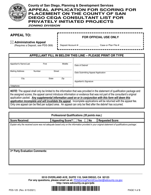 Form PDS-125A Appeal Application for Scoring for Placement on the County of San Diego Ceqa Consultant List for Privately Initiated Projects - County of San Diego, California