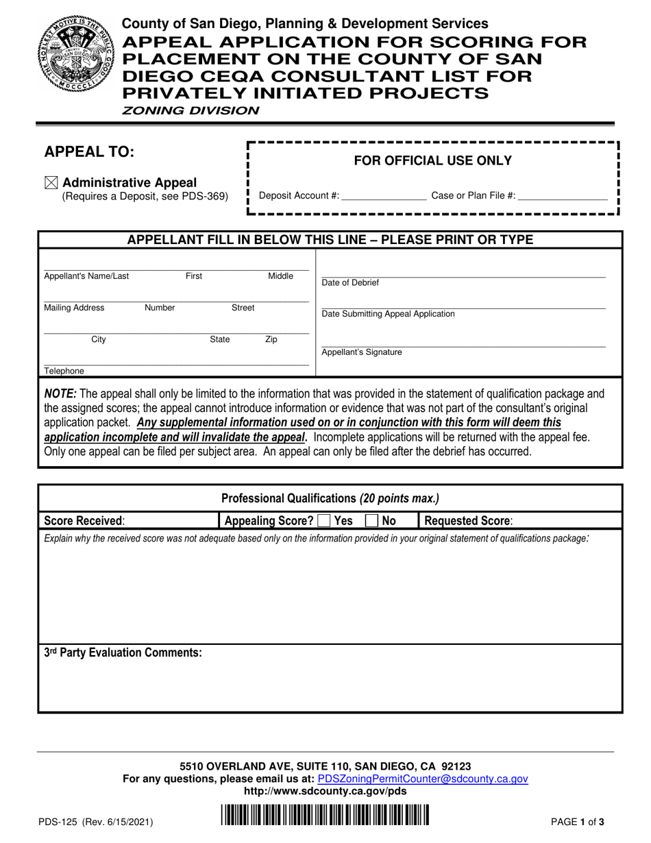 Form PDS-125A Appeal Application for Scoring for Placement on the County of San Diego Ceqa Consultant List for Privately Initiated Projects - County of San Diego, California, Page 1