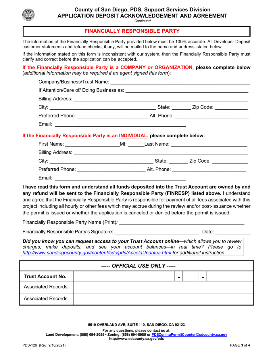 Form PDS-126 Application Deposit Acknowledgement and Agreement - County of San Diego, California, Page 3