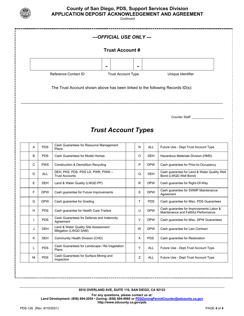 Form PDS-126 Application Deposit Acknowledgement and Agreement - County of San Diego, California, Page 4