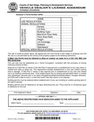 Document preview: Form PDS-213 Vehicle Dealer's License Addendum - County of San Diego, California