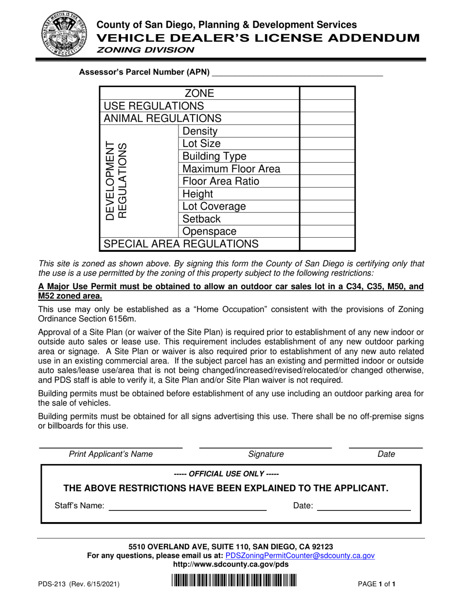 Form PDS-213 Vehicle Dealers License Addendum - County of San Diego, California, Page 1