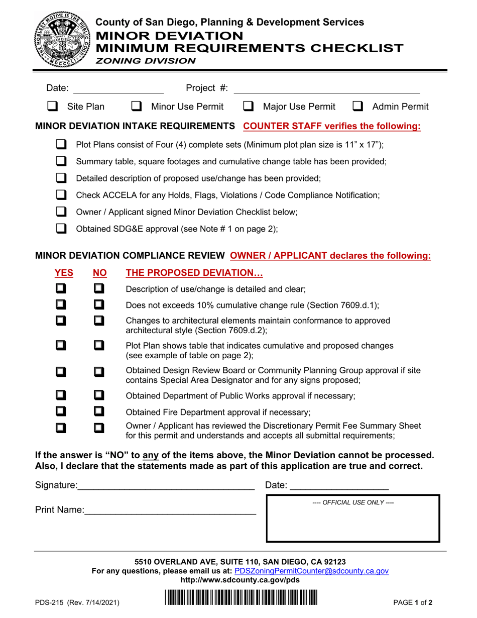 Form PDS-215 Minor Deviation Minimum Requirements Checklist - County of San Diego, California, Page 1