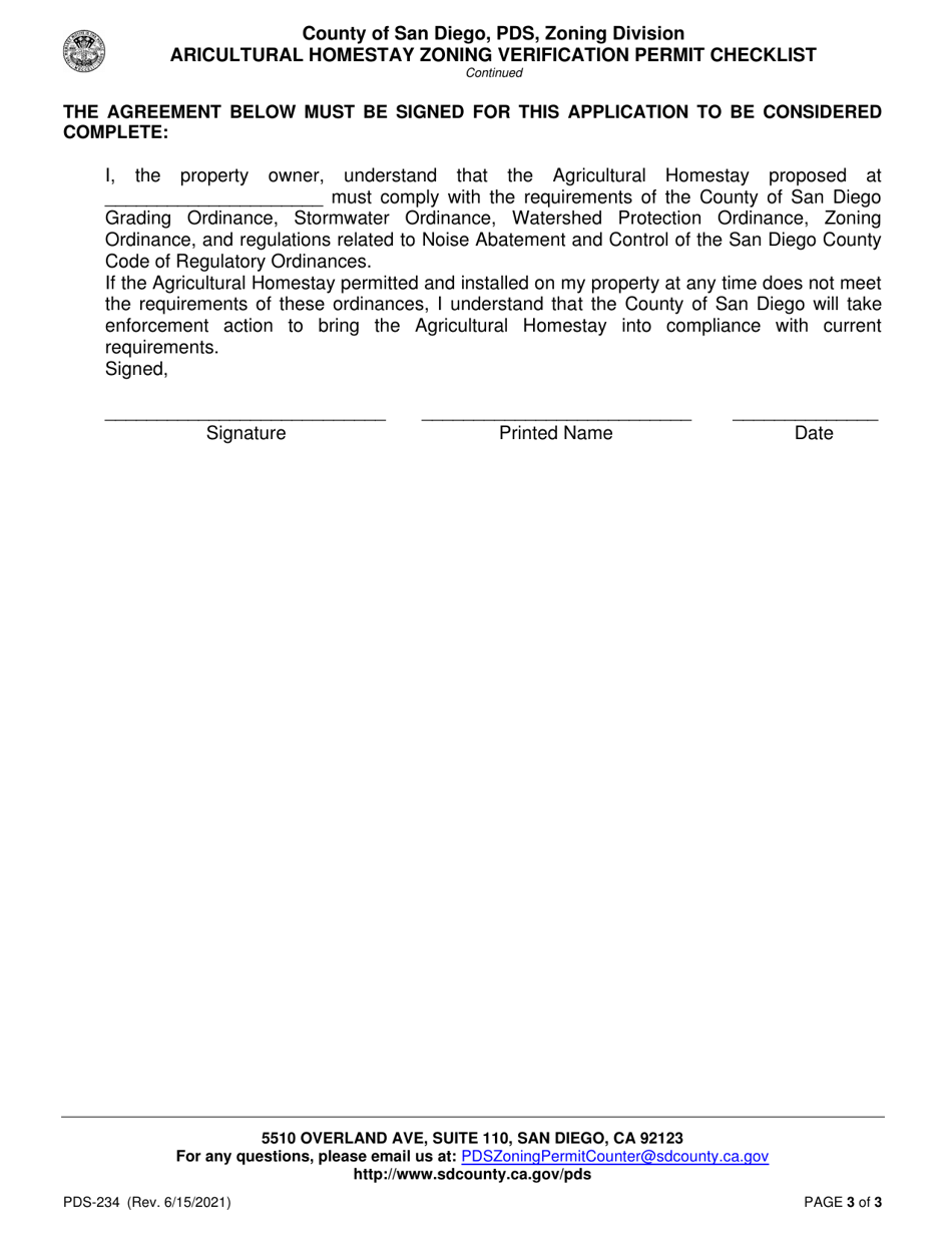 Form PDS-234 Aricultural Homestay Zoning Verification Permit Checklist - County of San Diego, California, Page 3