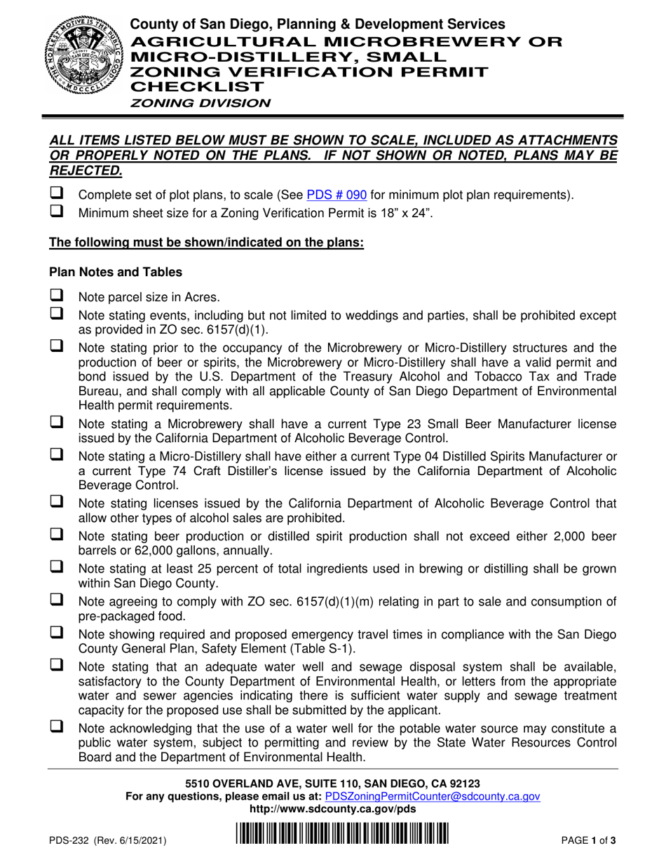 Form PDS-232 Agricultural Microbrewery or Micro-distillery, Small Zoning Verification Permit Checklist - County of San Diego, California, Page 1