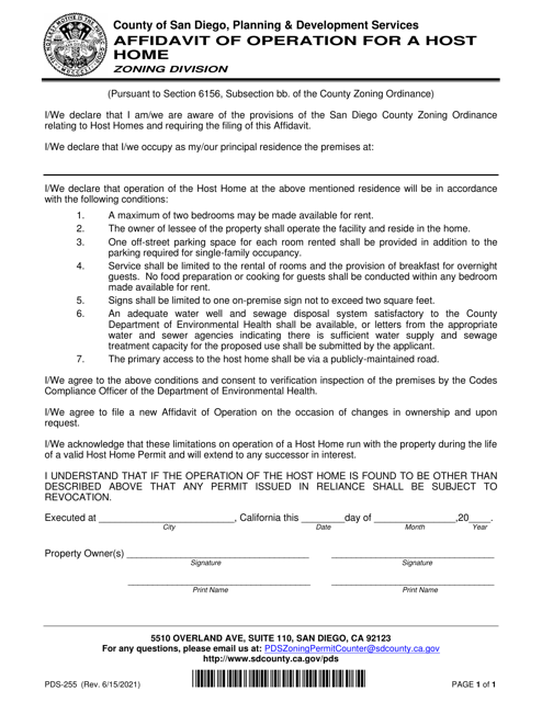 Form PDS-255 Affidavit of Operation for a Host Home - County of San Diego, California