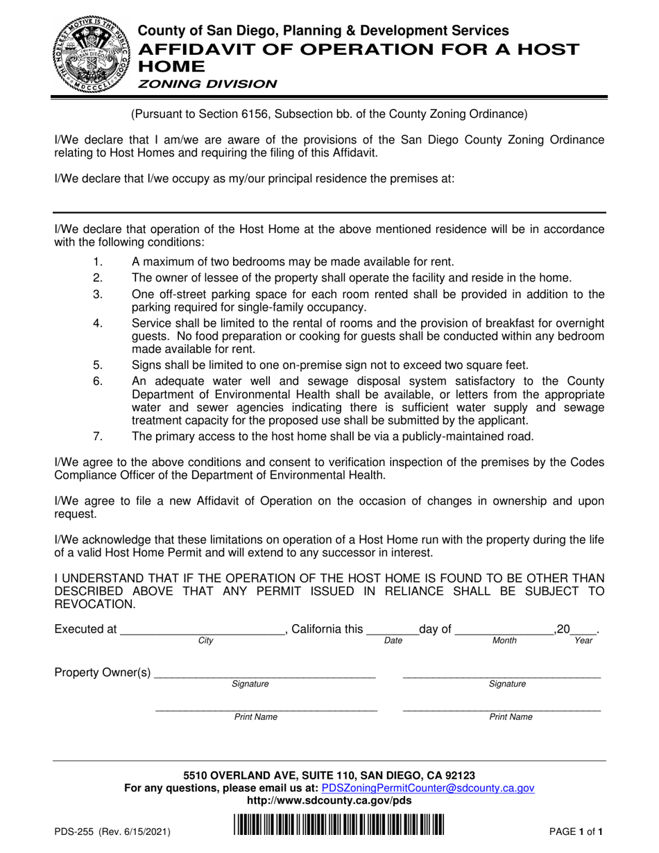 Form PDS-255 Affidavit of Operation for a Host Home - County of San Diego, California, Page 1