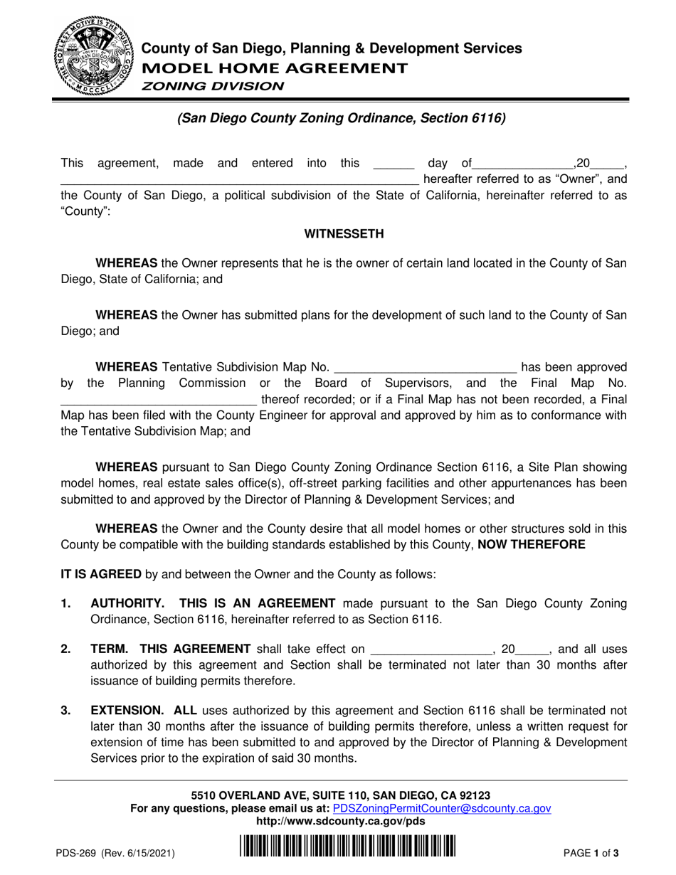 Form PDS-269 Model Home Agreement - County of San Diego, California, Page 1