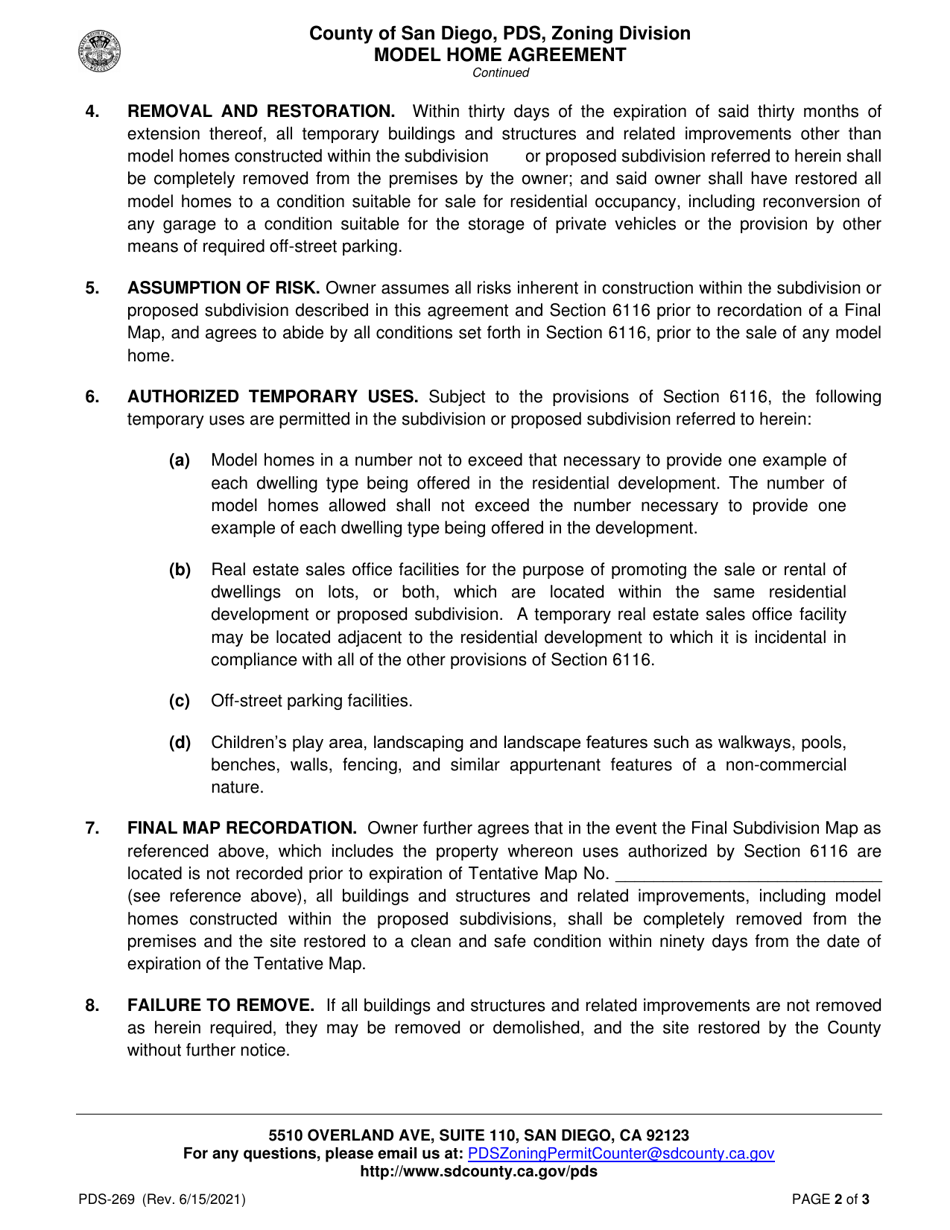 Form PDS-269 Model Home Agreement - County of San Diego, California, Page 2