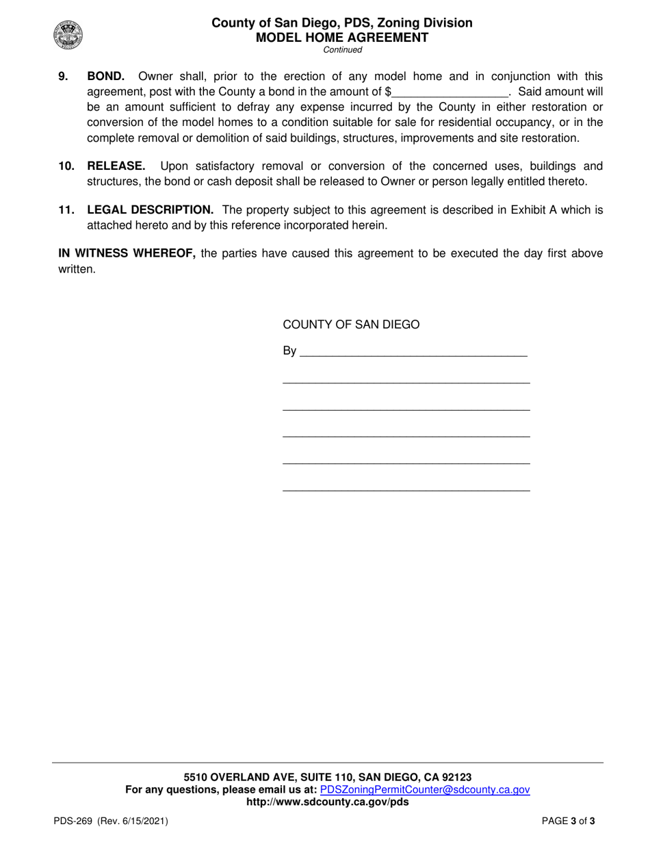 Form PDS-269 Model Home Agreement - County of San Diego, California, Page 3