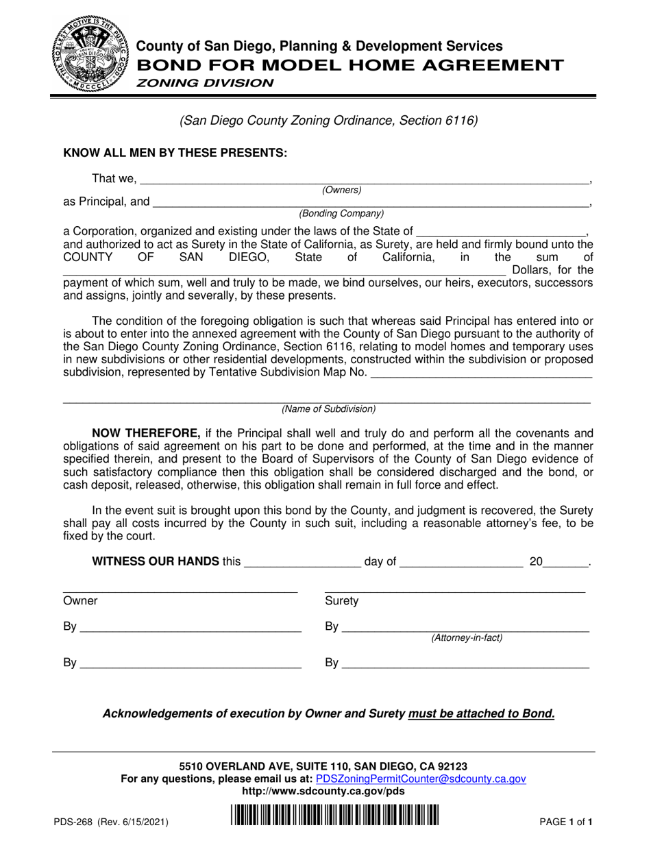 Form PDS-268 Bond for Model Home Agreement - County of San Diego, California, Page 1