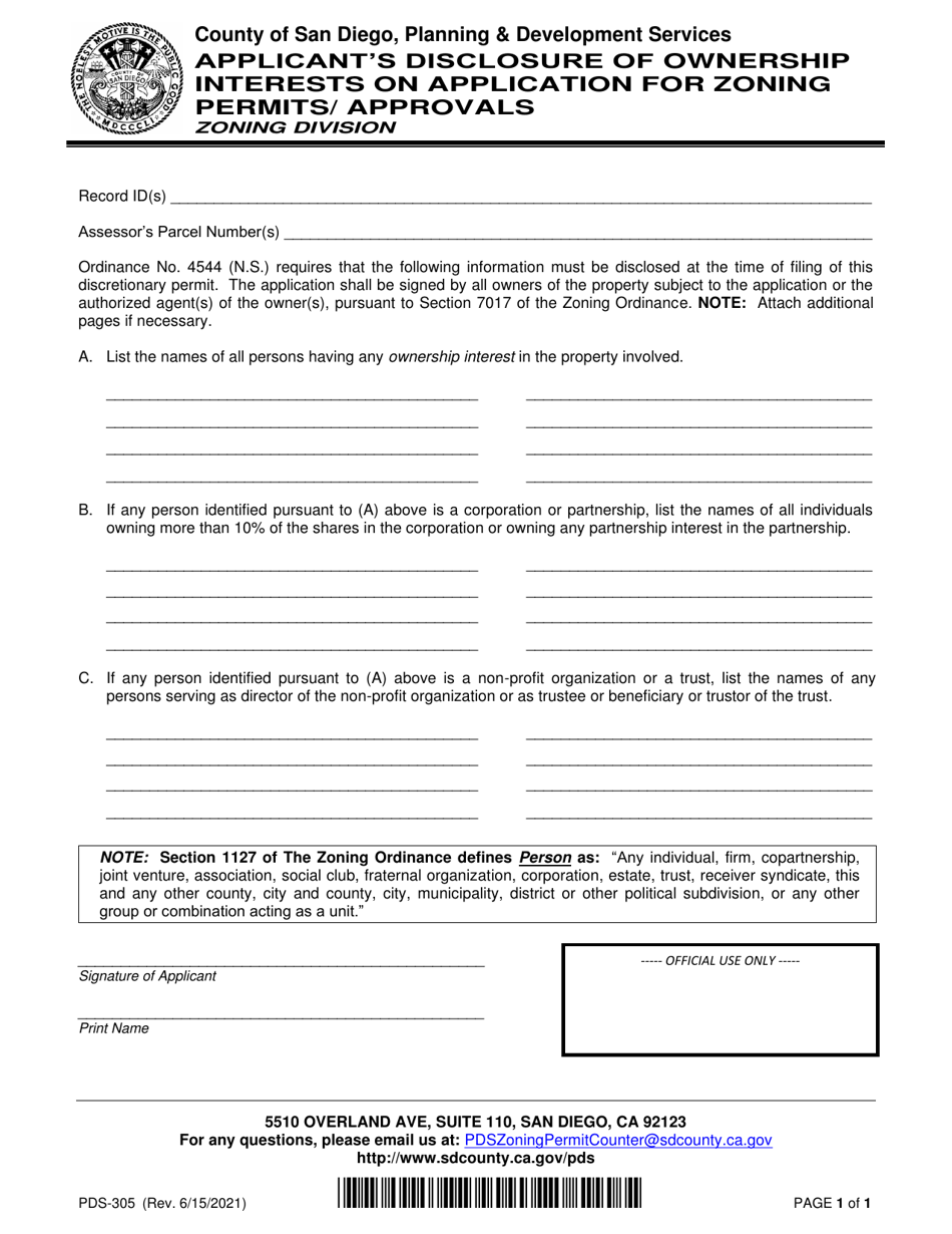 Form PDS-305 Applicants Disclosure of Ownership Interests on Application for Zoning Permits / Approvals - County of San Diego, California, Page 1
