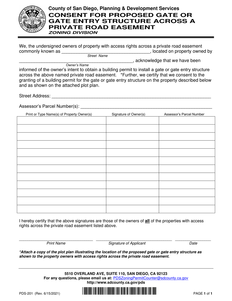 Form PDS-201 Consent for Proposed Gate or Gate Entry Structure Across a Private Road Easement - County of San Diego, California, Page 1
