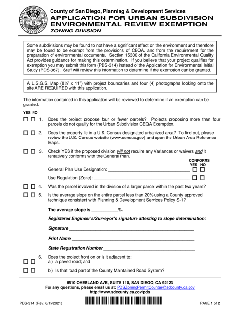 Form PDS-314 Application for Urban Subdivision Environmental Review Exemption - County of San Diego, California