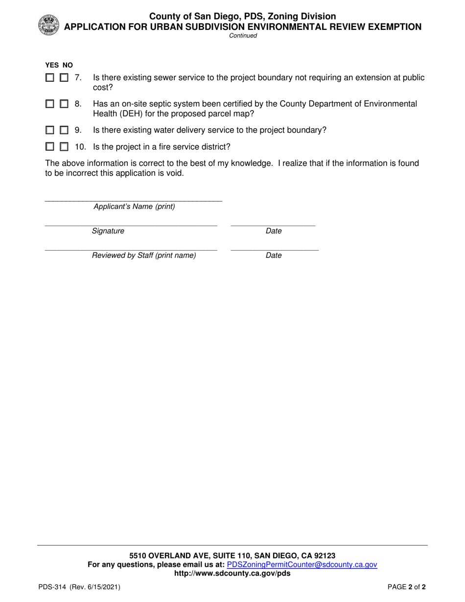 Form PDS-314 Application for Urban Subdivision Environmental Review Exemption - County of San Diego, California, Page 2