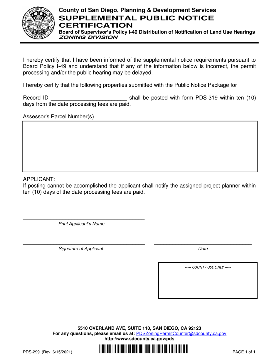 Form PDS-299 Supplemental Public Notice Certification - County of San Diego, California, Page 1