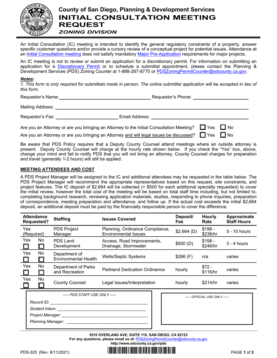 Form PDS-325 Initial Consultation Meeting Request - County of San Diego, California, Page 1