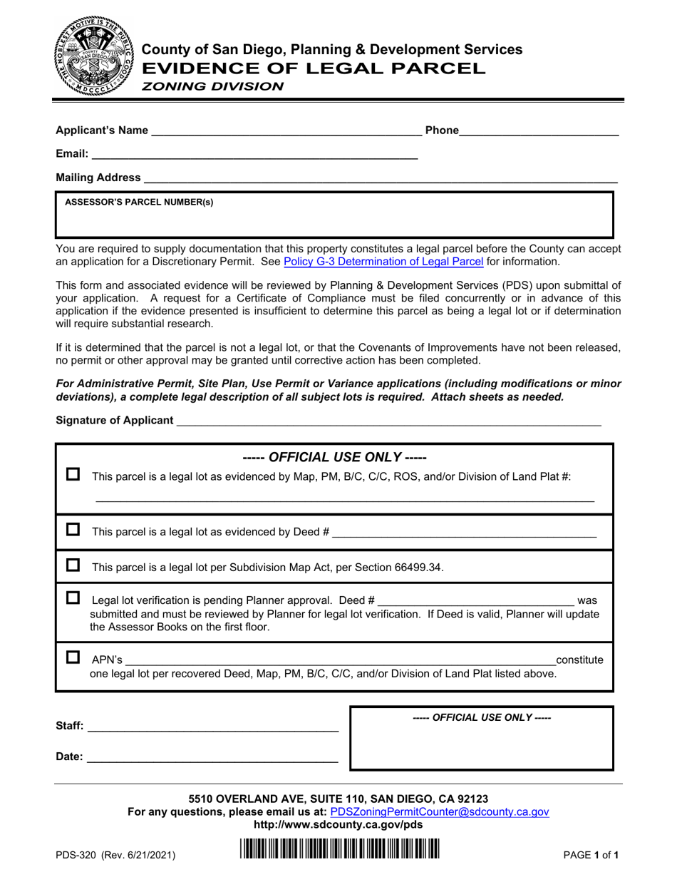 Form PDS-320 Evidence of Legal Parcel - County of San Diego, California, Page 1