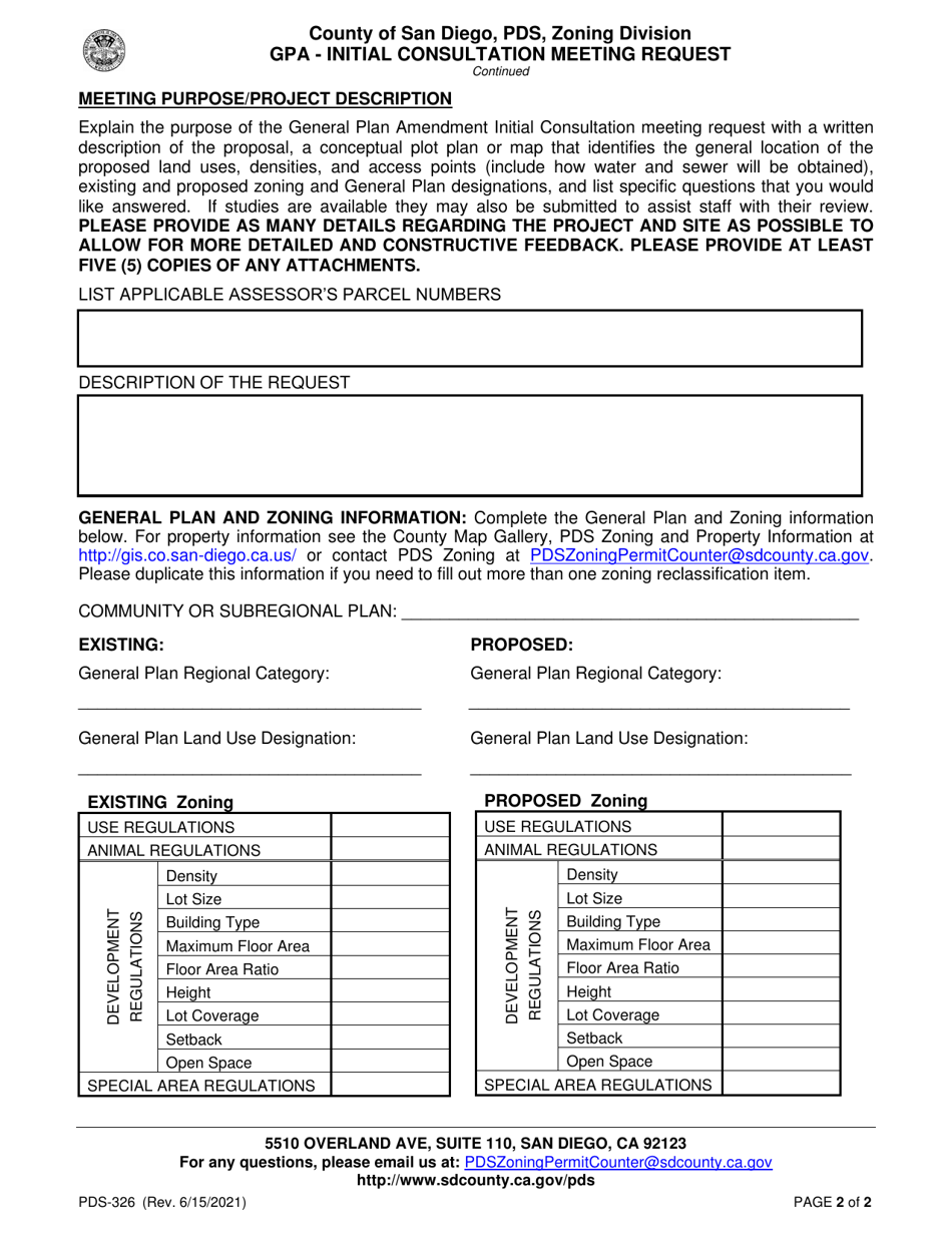 Form PDS-326 General Plan Amendment Initial Consultation Meeting Request - County of San Diego, California, Page 2
