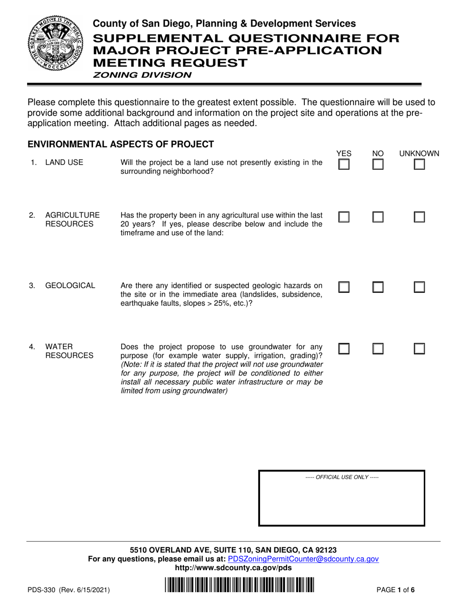 Form PDS-330 Supplemental Questionnaire for Major Project Pre-application Meeting Request - County of San Diego, California, Page 1