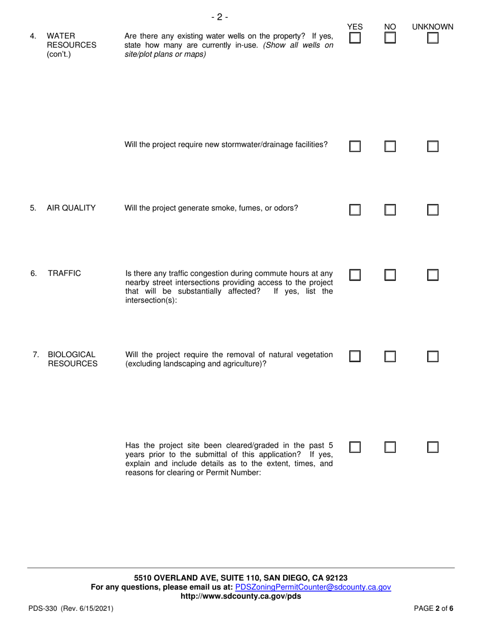 Form PDS-330 Supplemental Questionnaire for Major Project Pre-application Meeting Request - County of San Diego, California, Page 2