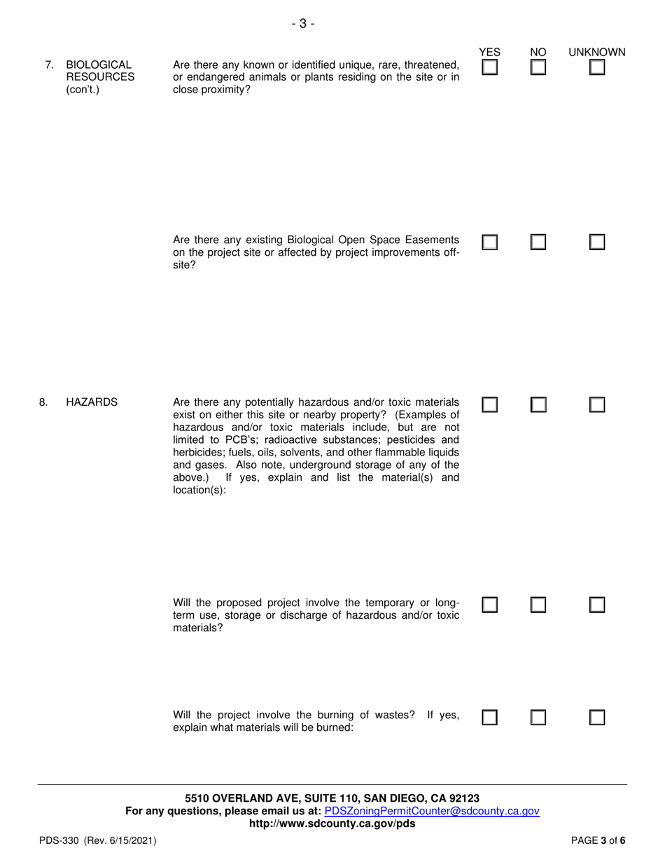 Form PDS-330 Supplemental Questionnaire for Major Project Pre-application Meeting Request - County of San Diego, California, Page 3